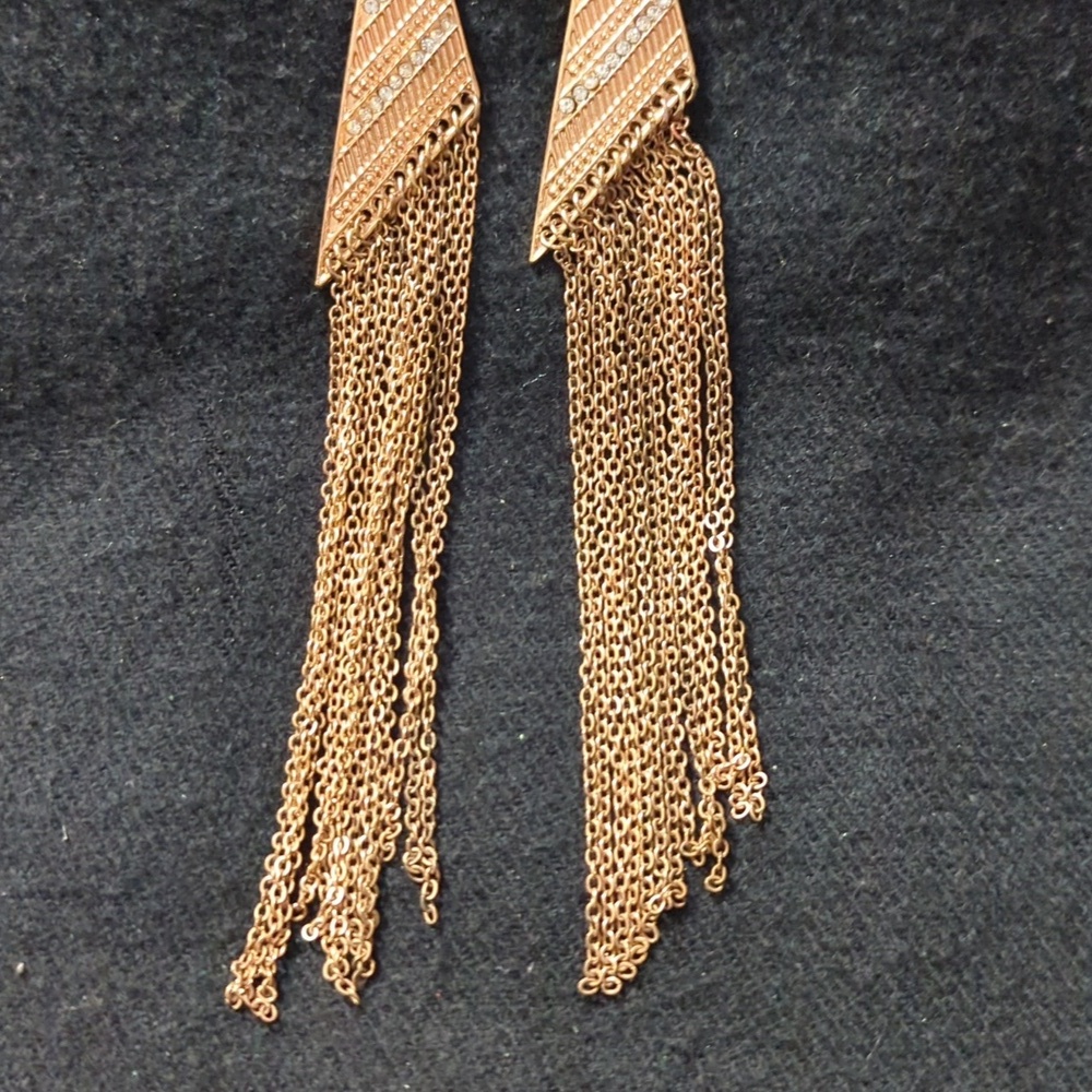 Gold Tone Clear Rhinestone Triangle Chain Fringe Shoulder Duster Earrings - Picture 3 of 4
